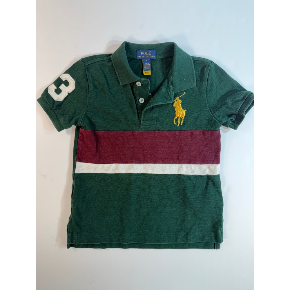 Polo Ralph Lauren Boys Green Big Pony Stripe Polo Shirt Size 4 3 Patch